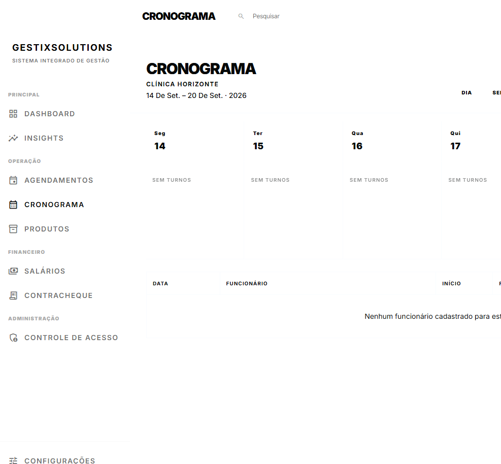 Tela real do Cronograma no GestiX com visão semanal de turnos da equipe