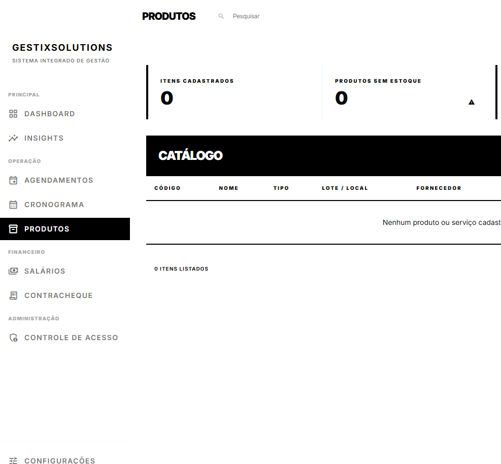 Tela real de Produtos no GestiX com catálogo, estoque e serviços